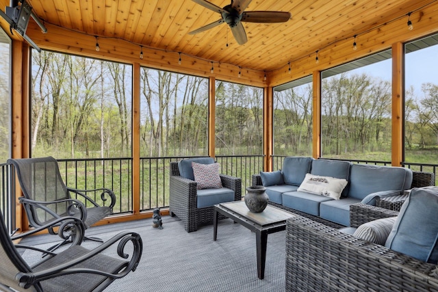 sunroom / solarium featuring ceiling fan and wooden ceiling