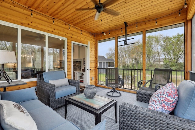 sunroom featuring wood ceiling and ceiling fan