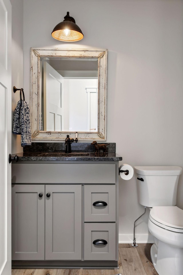 bathroom with vanity, toilet, and wood-type flooring