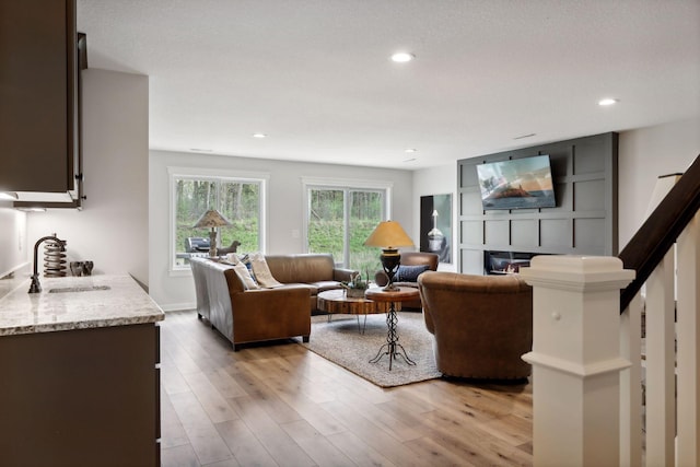 living room featuring light hardwood / wood-style flooring and sink