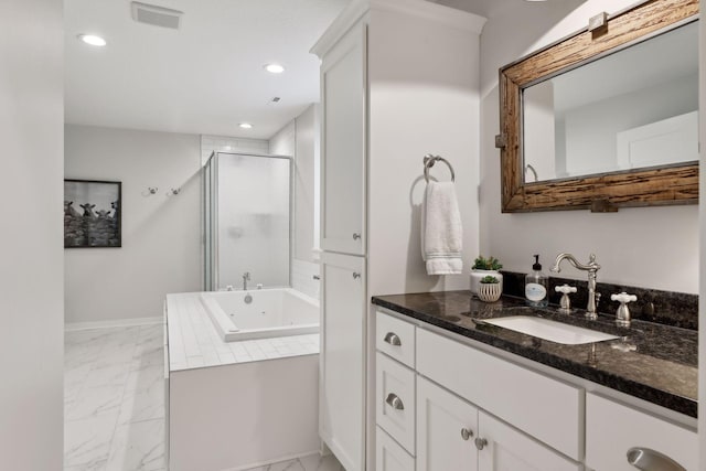 bathroom featuring vanity, tile patterned floors, and shower with separate bathtub