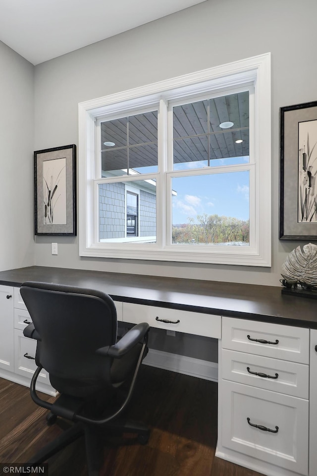 office space with built in desk and dark wood-type flooring