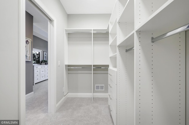 walk in closet with light carpet