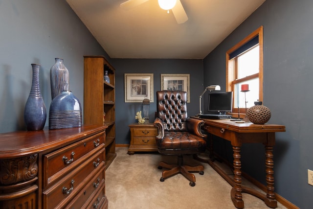 office area featuring light colored carpet and ceiling fan