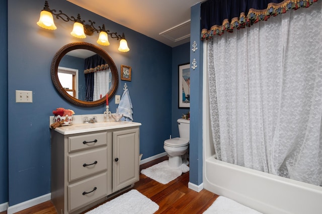 full bathroom with shower / bathtub combination with curtain, vanity, toilet, and wood-type flooring