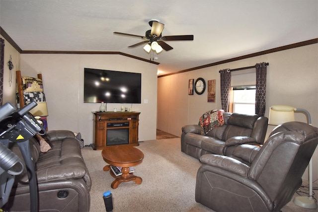 living room featuring lofted ceiling, ceiling fan, and light carpet