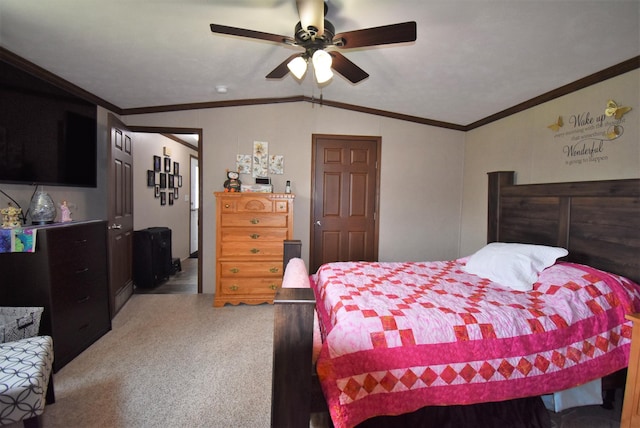 bedroom featuring crown molding, carpet, ceiling fan, and vaulted ceiling