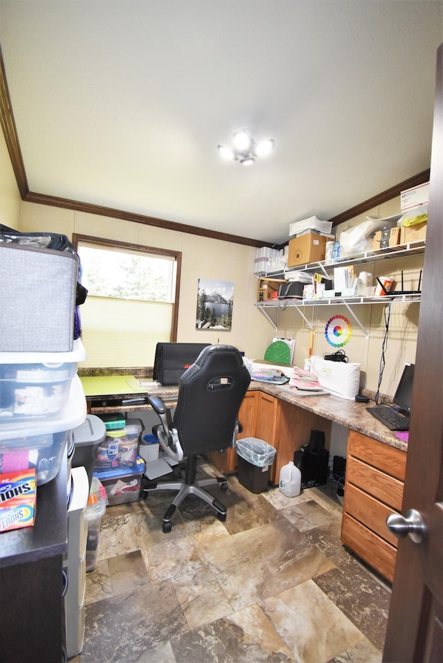 office space with crown molding and tile flooring