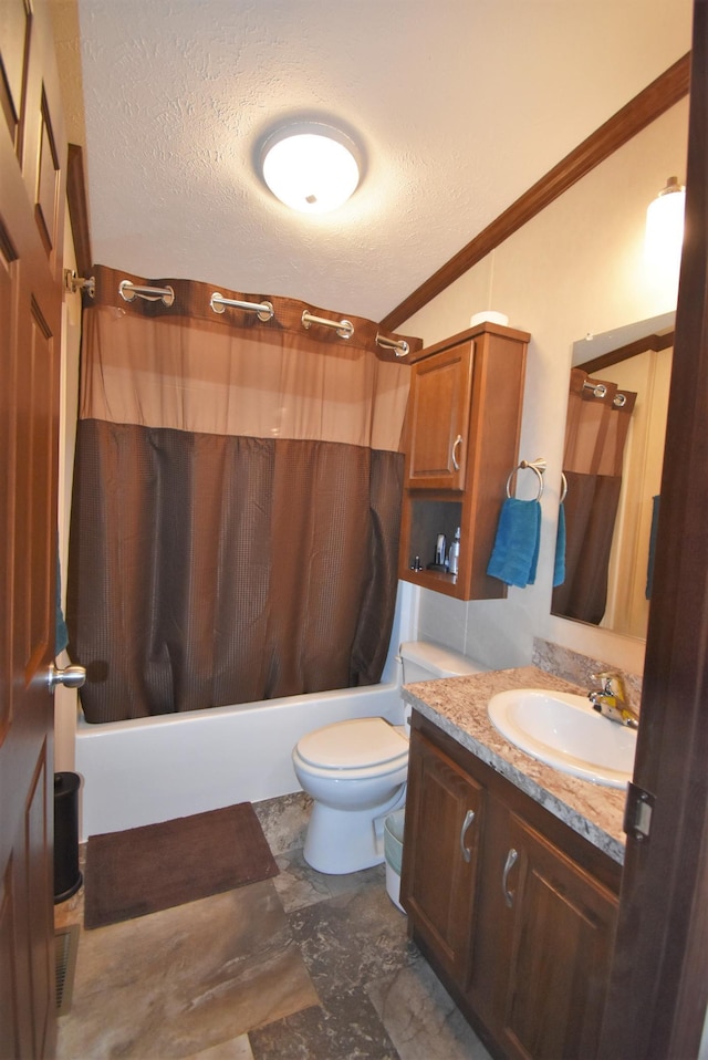 full bathroom with toilet, oversized vanity, shower / tub combo with curtain, and tile flooring