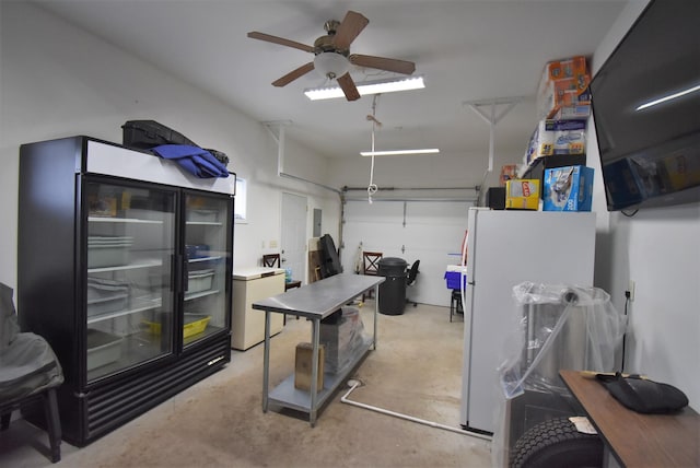 interior space featuring white refrigerator, ceiling fan, and fridge