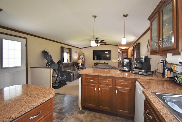 kitchen featuring dark tile flooring, ceiling fan, light stone countertops, and dishwasher