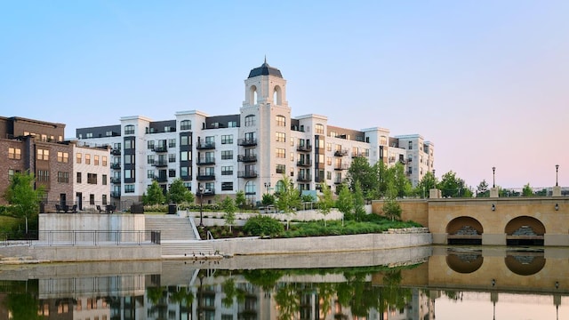 outdoor building at dusk with a water view