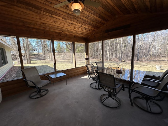 sunroom / solarium featuring wooden ceiling, ceiling fan, and lofted ceiling