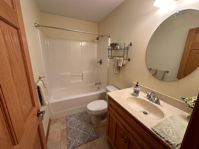 full bathroom featuring tile flooring, a textured ceiling, shower / tub combination, toilet, and vanity