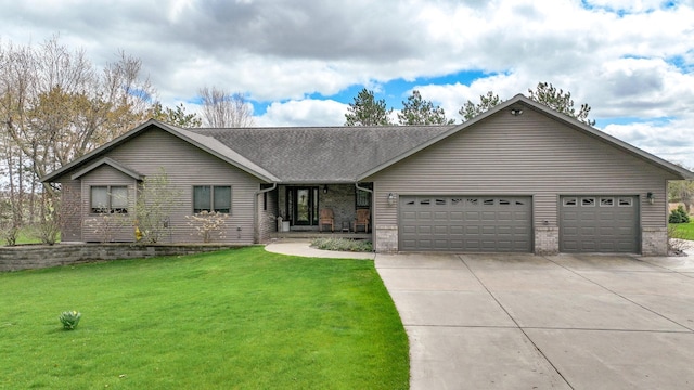 ranch-style house featuring a front lawn, driveway, a shingled roof, a garage, and brick siding