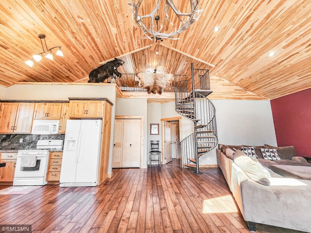 kitchen with a notable chandelier, wood ceiling, hardwood / wood-style flooring, and white appliances