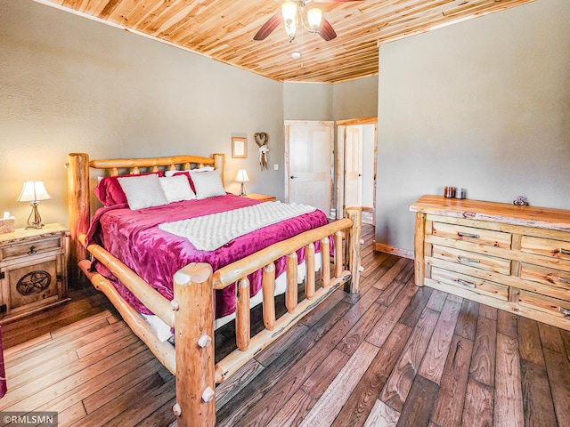 bedroom featuring wooden ceiling, baseboards, ceiling fan, and hardwood / wood-style flooring