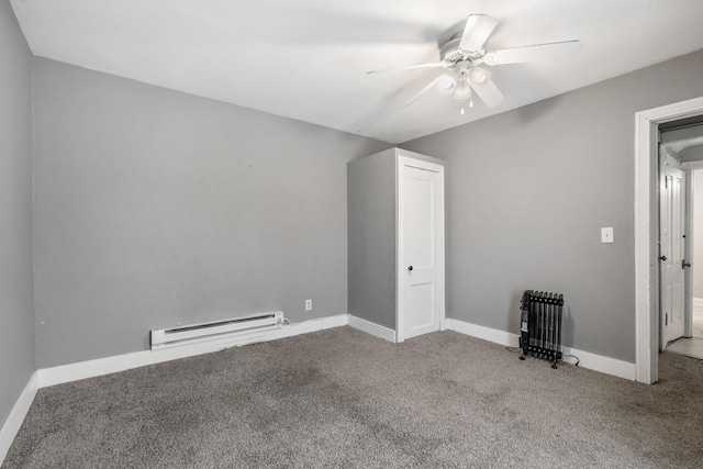 empty room with ceiling fan, carpet flooring, and a baseboard radiator