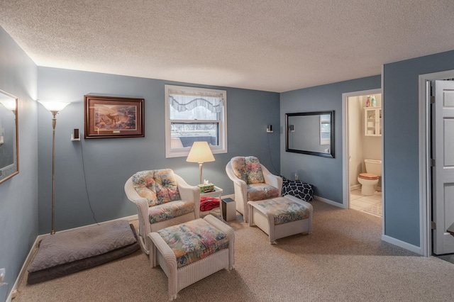 living area with carpet flooring and a textured ceiling