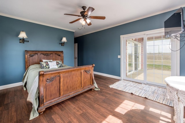 bedroom with dark hardwood / wood-style flooring, access to exterior, ornamental molding, and ceiling fan