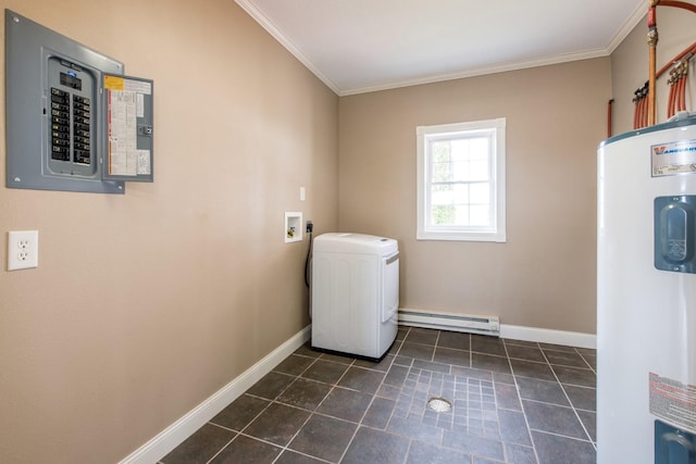 laundry room featuring ornamental molding, electric panel, dark tile patterned floors, water heater, and a baseboard heating unit