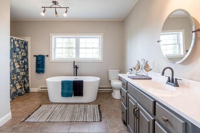 bathroom with a baseboard heating unit, a bathtub, and ornamental molding