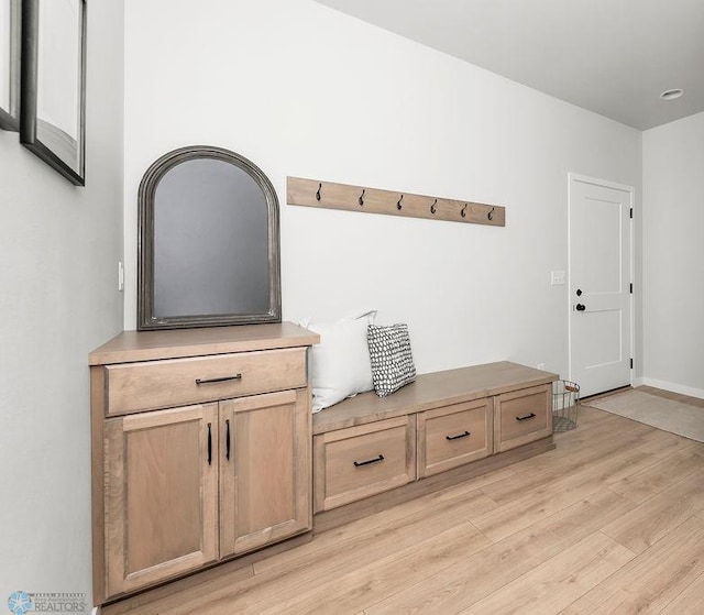 mudroom with light hardwood / wood-style flooring