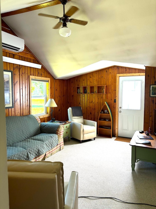 carpeted living area with wooden walls, a ceiling fan, vaulted ceiling, and an AC wall unit