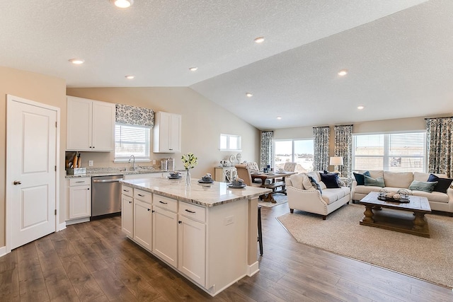 kitchen featuring lofted ceiling, a healthy amount of sunlight, white cabinetry, stainless steel dishwasher, and dark wood-type flooring