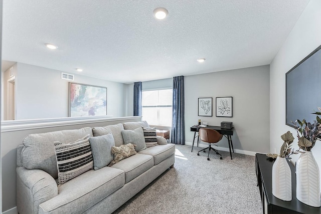 carpeted living room with a textured ceiling