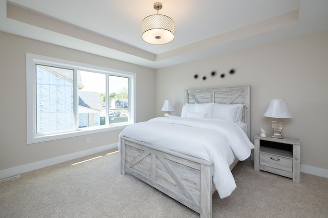 carpeted bedroom with a tray ceiling