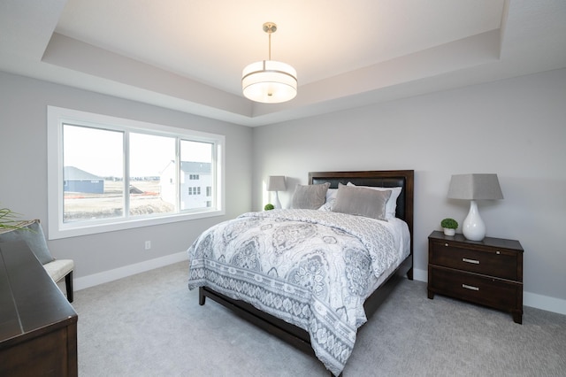 carpeted bedroom with a raised ceiling