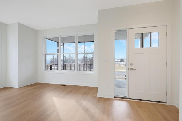 entryway with a healthy amount of sunlight and light hardwood / wood-style flooring