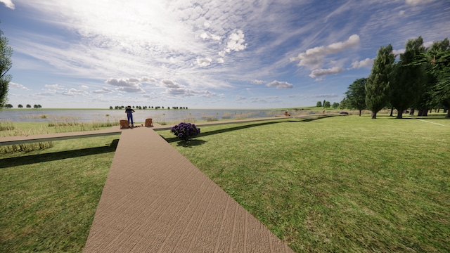 view of home's community featuring a water view and a yard