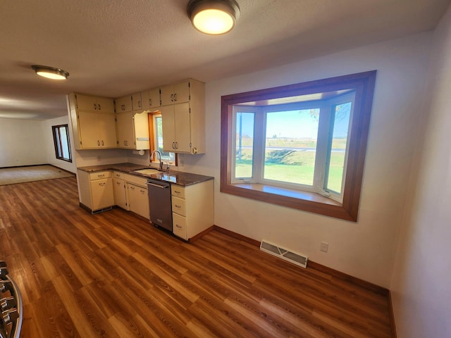 kitchen with a textured ceiling, dark hardwood / wood-style flooring, stainless steel dishwasher, and sink