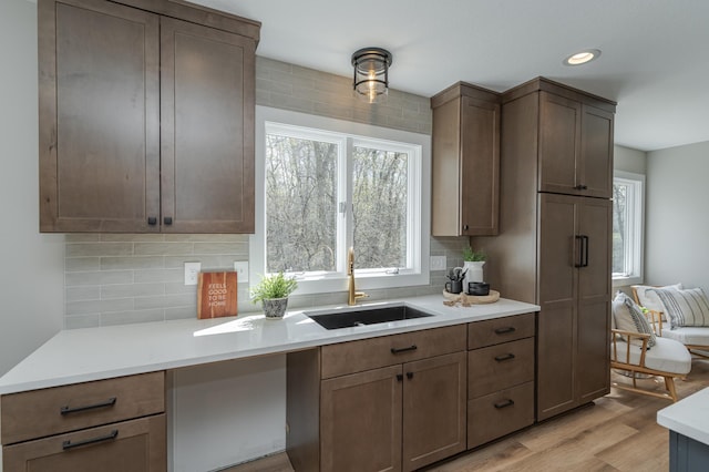 kitchen featuring light hardwood / wood-style floors, sink, decorative backsplash, and a wealth of natural light