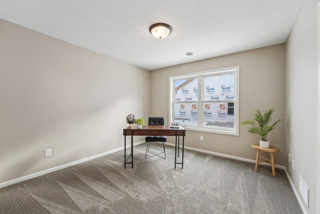 office with carpet flooring and a textured ceiling