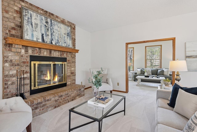 carpeted living room with baseboards and a fireplace