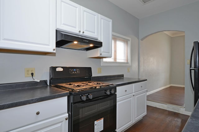 kitchen with white cabinets, black appliances, and dark hardwood / wood-style flooring