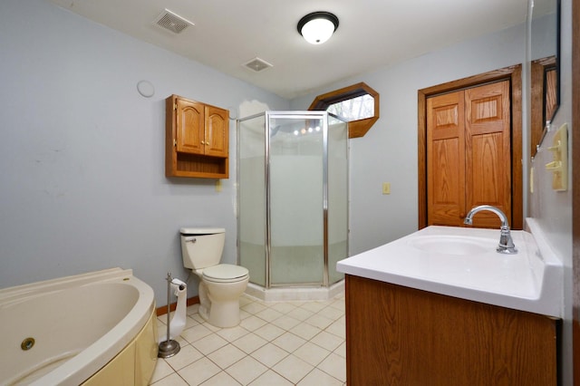 full bathroom with shower with separate bathtub, tile patterned flooring, vanity, and toilet