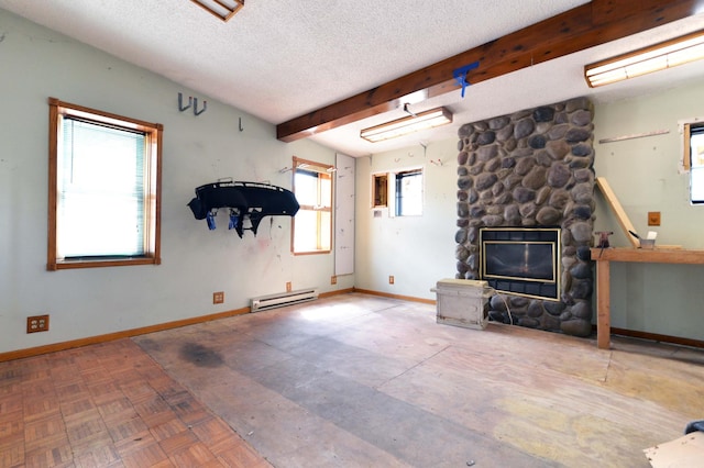 unfurnished living room featuring a fireplace, a textured ceiling, beam ceiling, parquet floors, and a baseboard heating unit