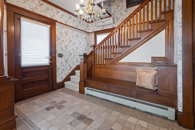 tiled foyer with a wall mounted air conditioner, crown molding, an inviting chandelier, and baseboard heating
