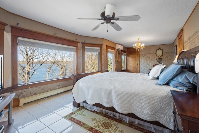 tiled bedroom with ceiling fan with notable chandelier, baseboard heating, and a wall mounted AC