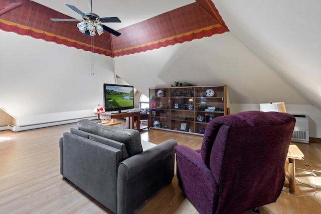 living room with baseboard heating, ceiling fan, vaulted ceiling, and light wood-type flooring