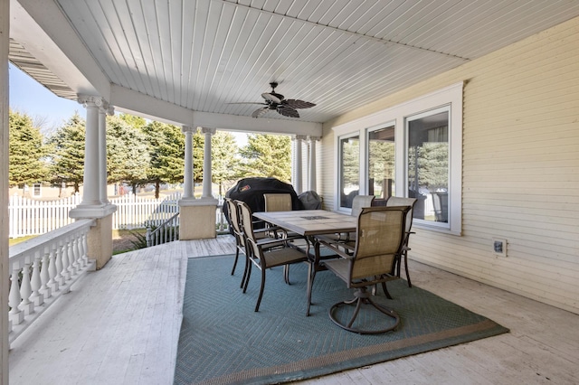 view of patio featuring ceiling fan