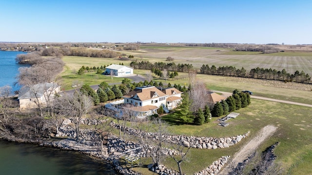 bird's eye view featuring a rural view and a water view