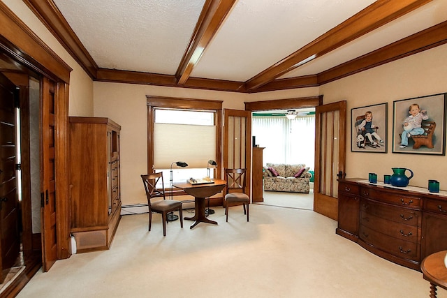 dining area with light carpet, a textured ceiling, beamed ceiling, and a baseboard radiator