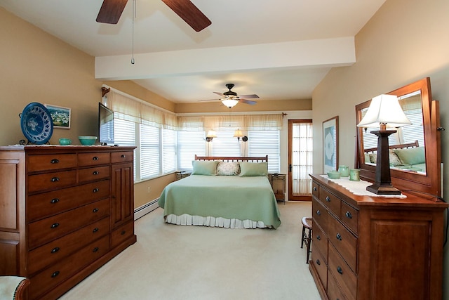 bedroom featuring beam ceiling, baseboard heating, light colored carpet, and ceiling fan