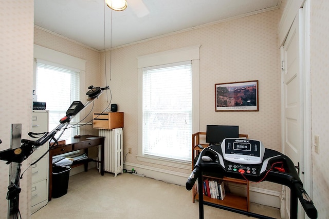 misc room featuring light carpet, ornamental molding, radiator, and ceiling fan