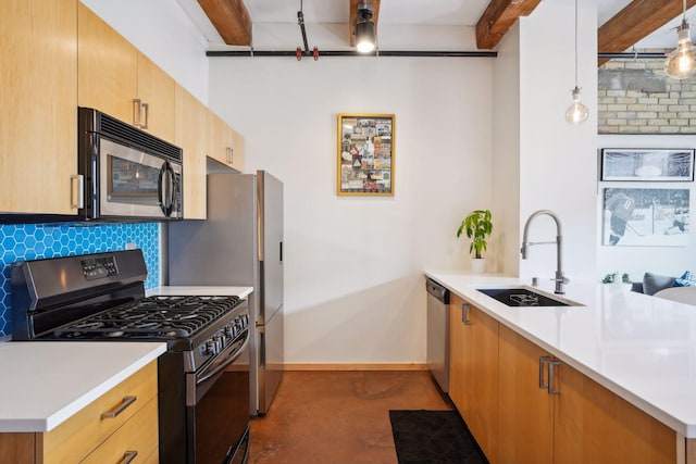 kitchen featuring appliances with stainless steel finishes, sink, hanging light fixtures, beamed ceiling, and decorative backsplash